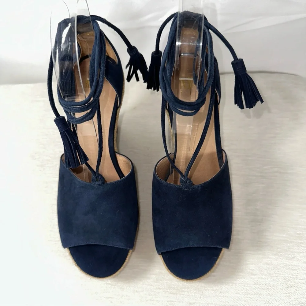 Cabi 6001 Women's US 6 Medium Navy Isla Wedge Ikat Suede Ankle Tie Sandals